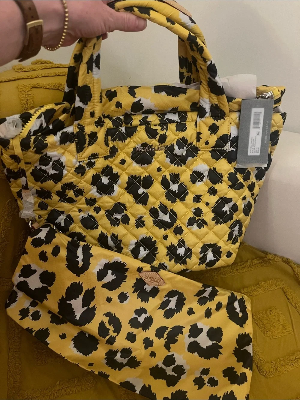 MZ Wallace Yellow Quilted Leopard-Print Tote Bag with Shoulder Strap - Picture 5 of 12